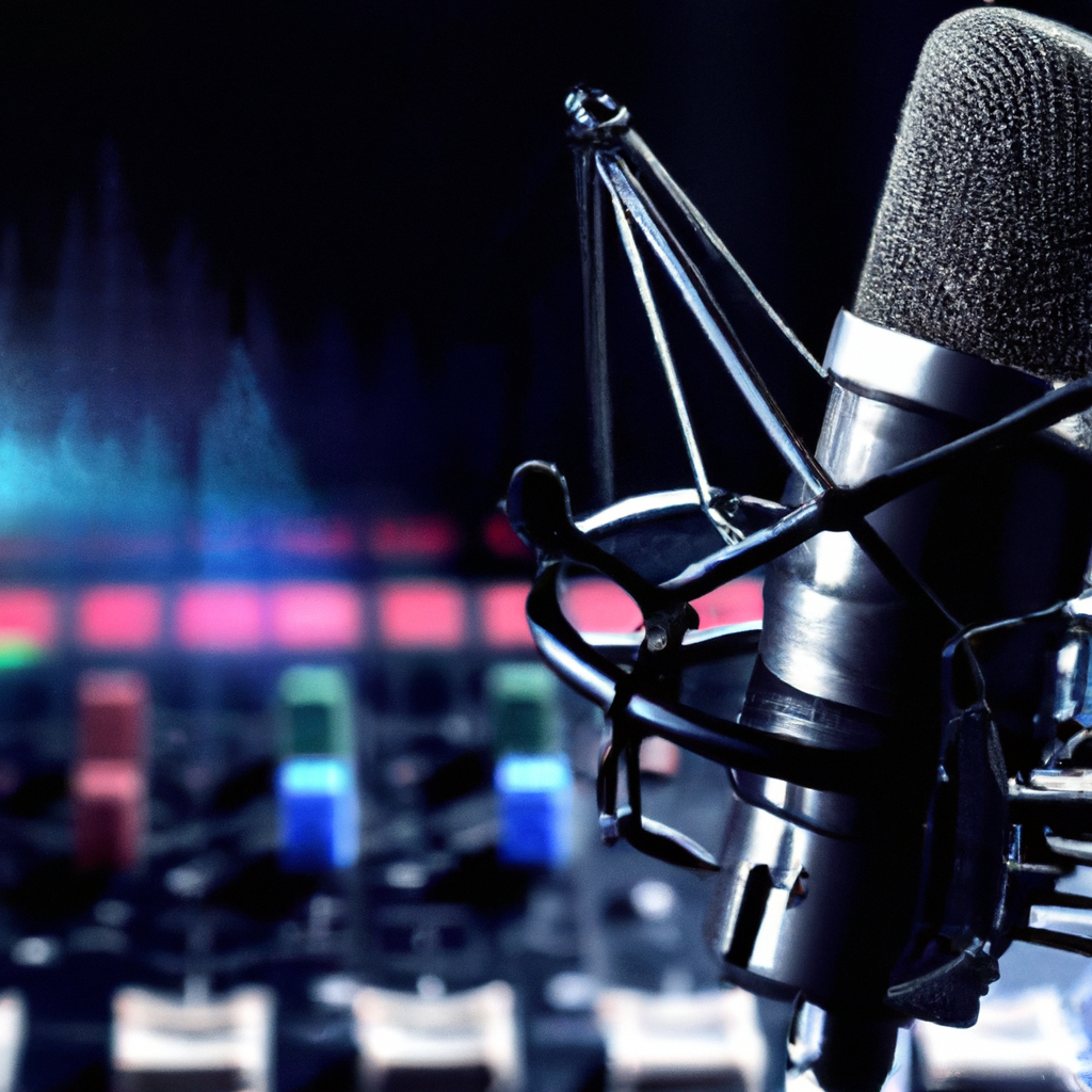 Micrófono de estudio, formas de onda y consola de mezcla para cursos de podcasting en Chile